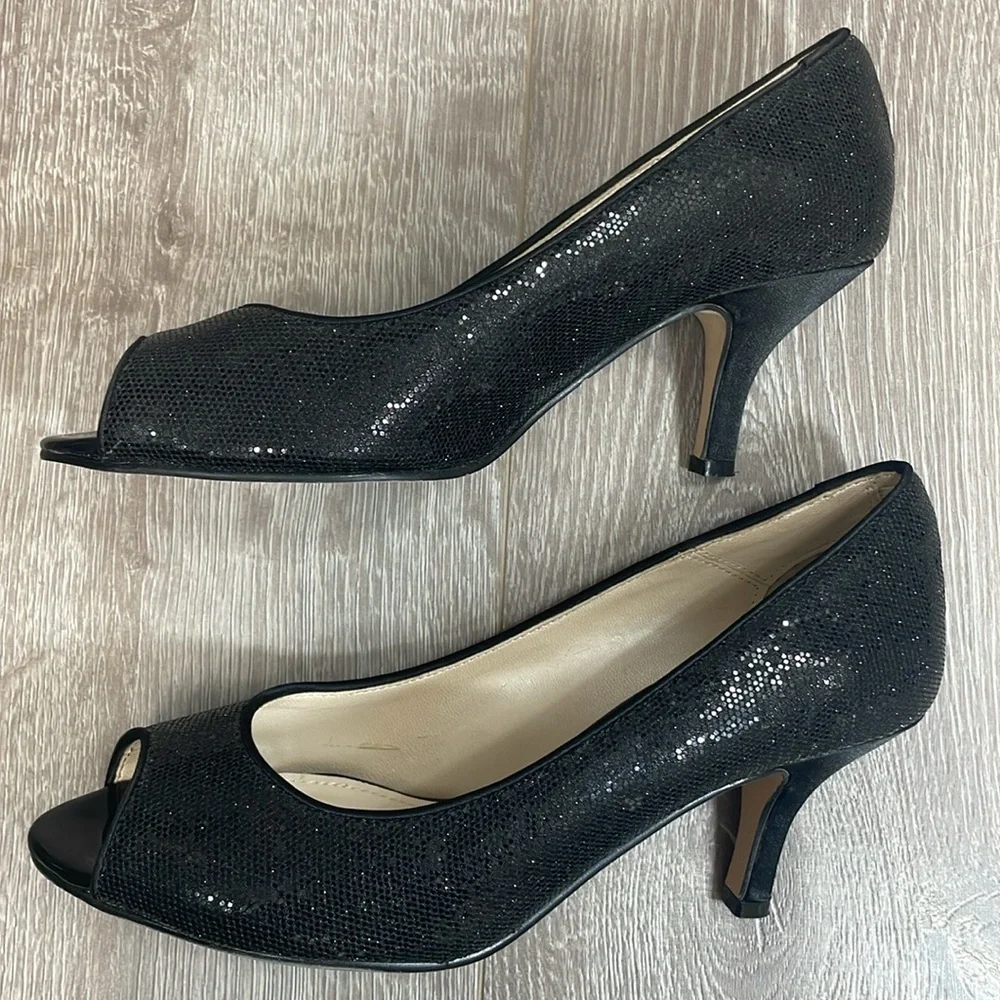 Caparros Black Sparkle Peep Toe Open Toe Pump Heels 8B
